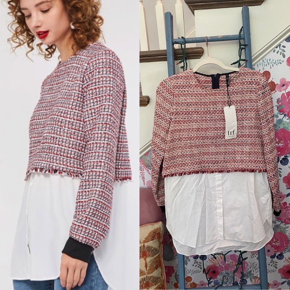 Zara Contrasting Tweed Button Down Top